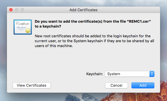 Mac add certificate page display