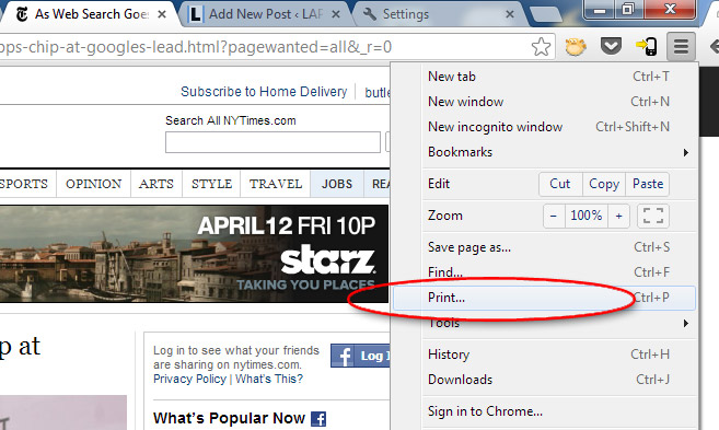 Google Chrome menu, print option display Google Chrome menu, print option display
