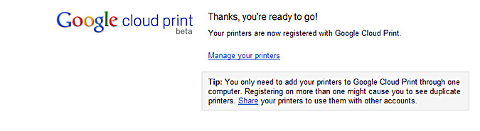Cloud Print, confirmation of printer successfully added, display