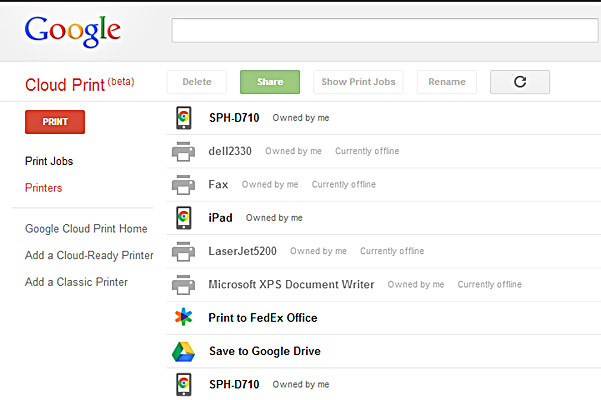 Google Cloud Print list of managed cloud printers, display