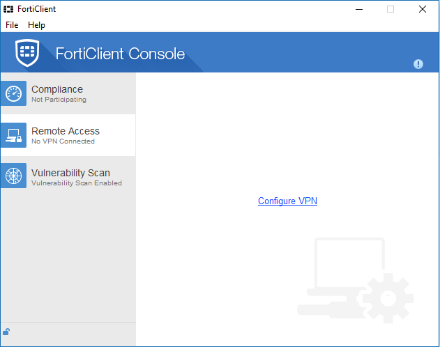Windows Forticlient console page, configure vpn link display