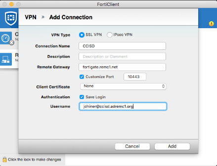 OSX forticlient vpn add connection page display