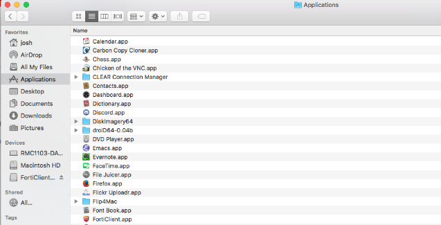 OSX finder tool, Applications, forticlient console path display