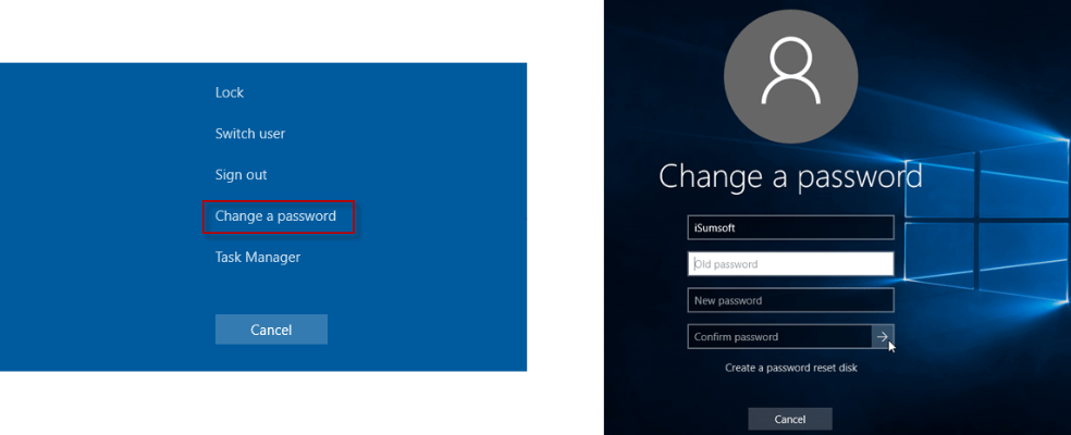 Change a password link, change password page display Change a password link, change password page display