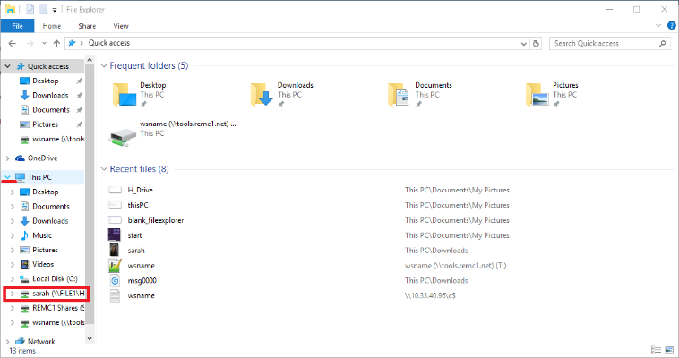 File explorer page, h-drive link display
