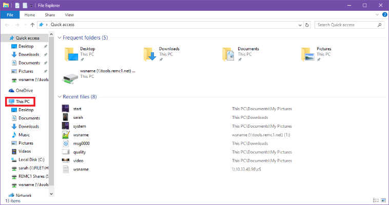 File explorer page, this pc link display