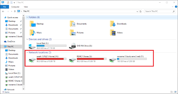 This pc page, network locations options display.