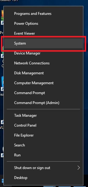 Windows right clicked start button options, system link display