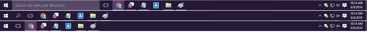 Windows task bar, task view button, search button display
