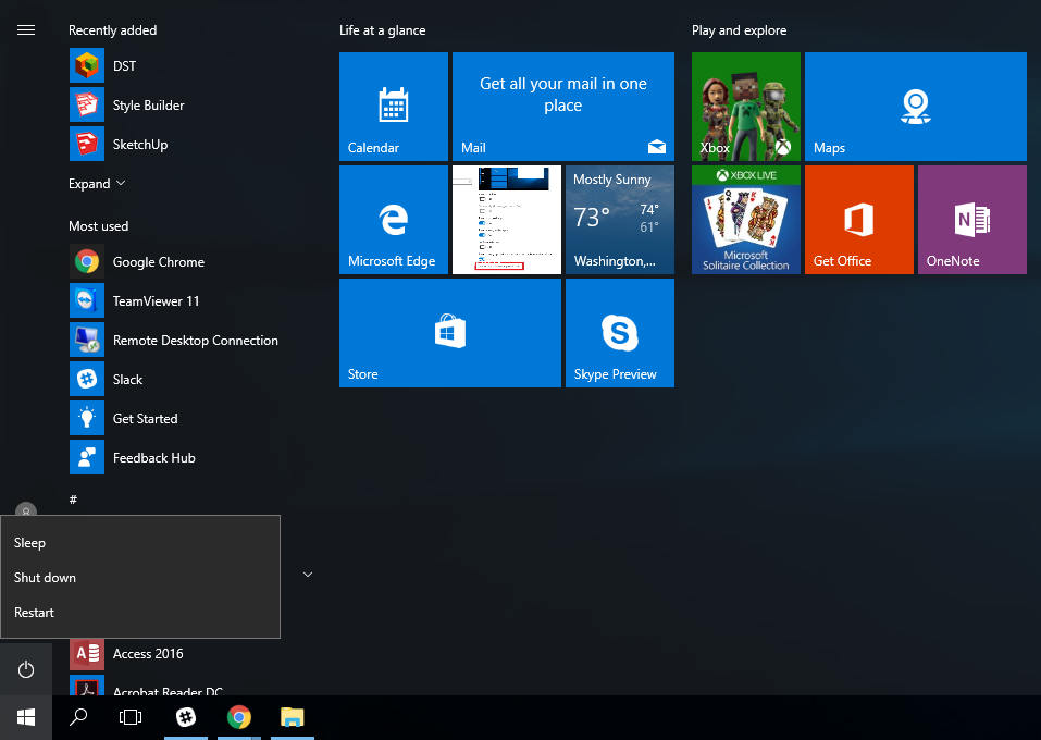 Windows start, power button options display