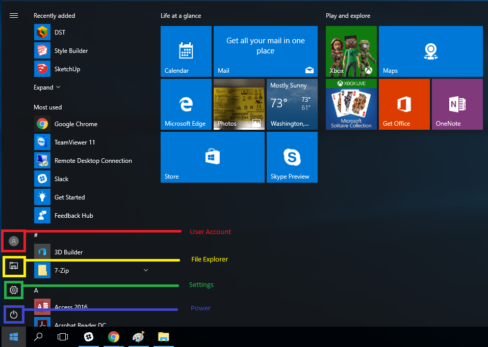 Windows start button options display