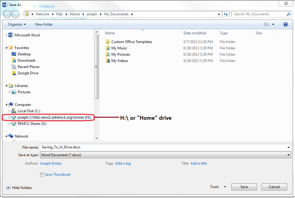 Windows file explorer, h-drive link display Windows file explorer, h-drive link display