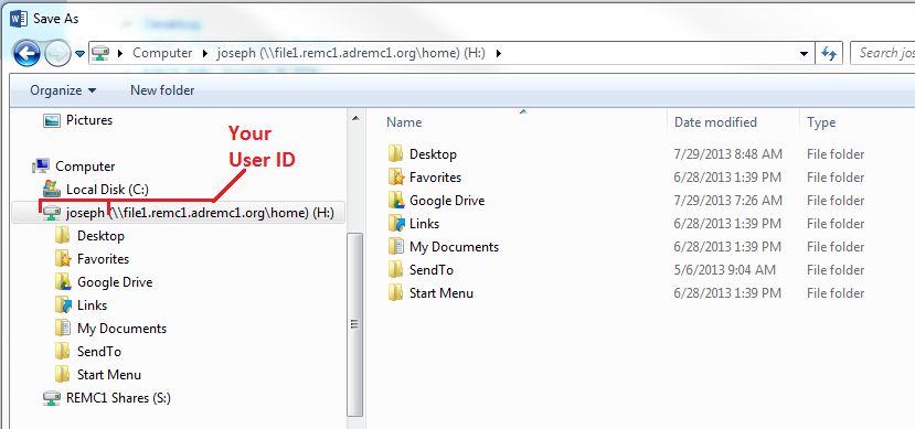 Windows file explorer, h-drive link options display Windows file explorer, h-drive link options display