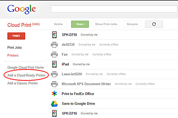 Google Cloud Print management list, add a cloud-ready printer link display