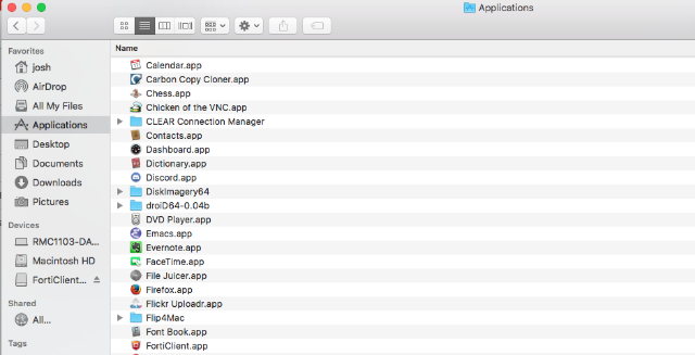 OSX finder tool, Applications, forticlient console path display