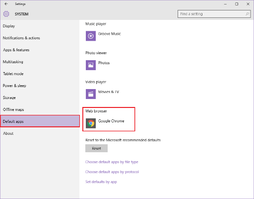 Windows settings, default apps page, web browser options display